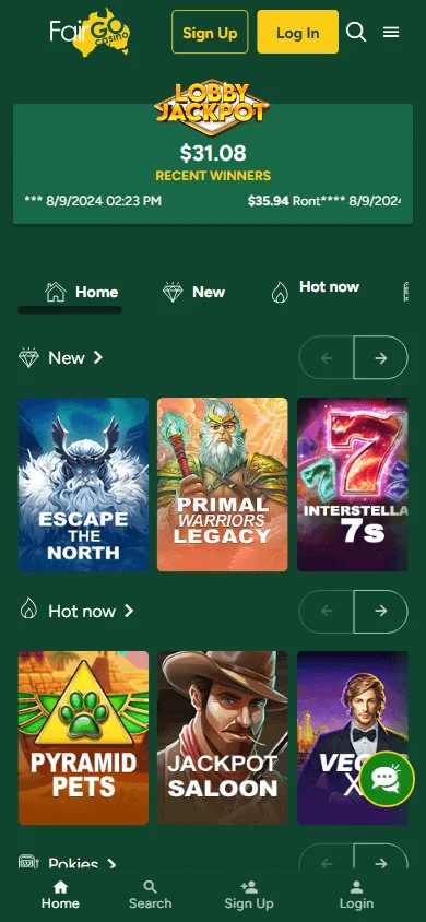 Fair Go Casino homepage on a mobile browser