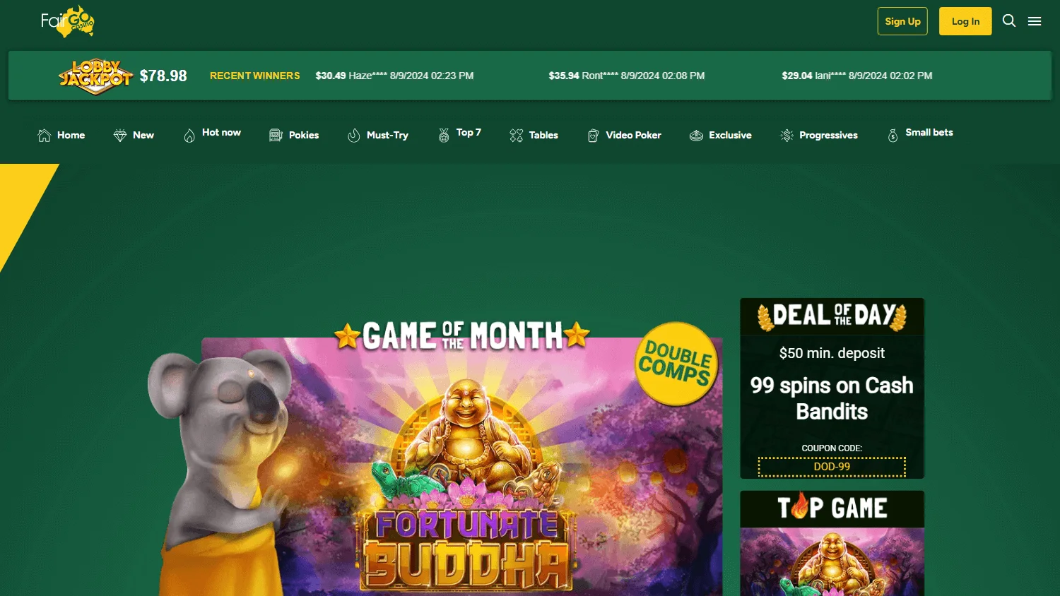 Fair Go Casino homepage on a desktop browser
