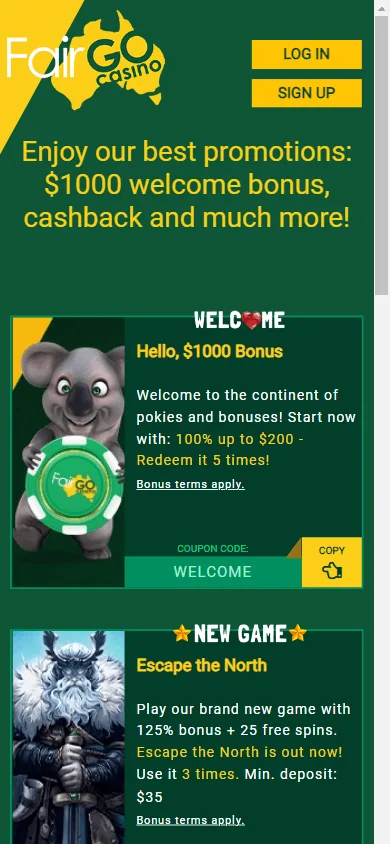 Fair Go Casino promotions area on a mobile browser