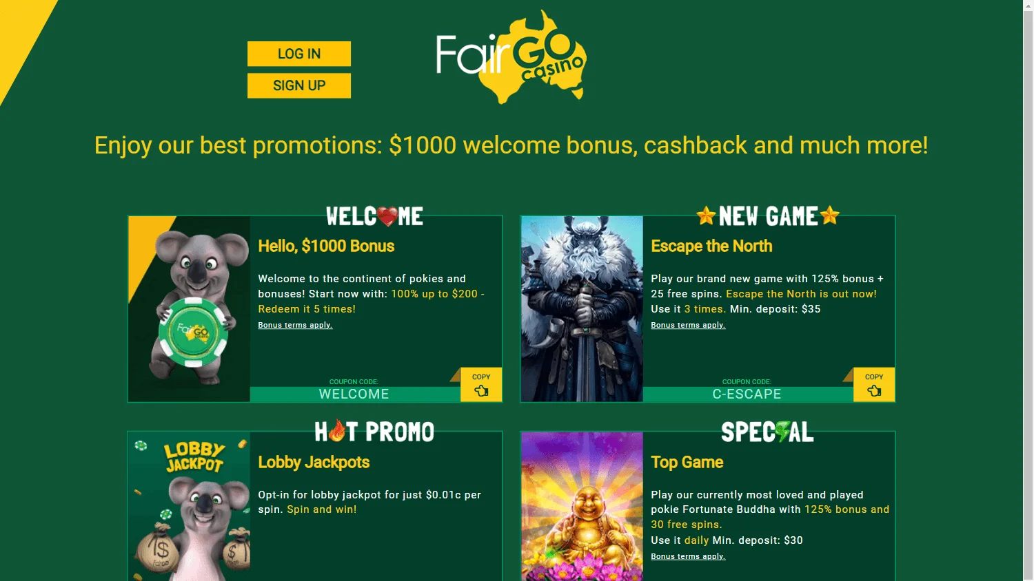 Fair Go Casino promotions area on a desktop browser